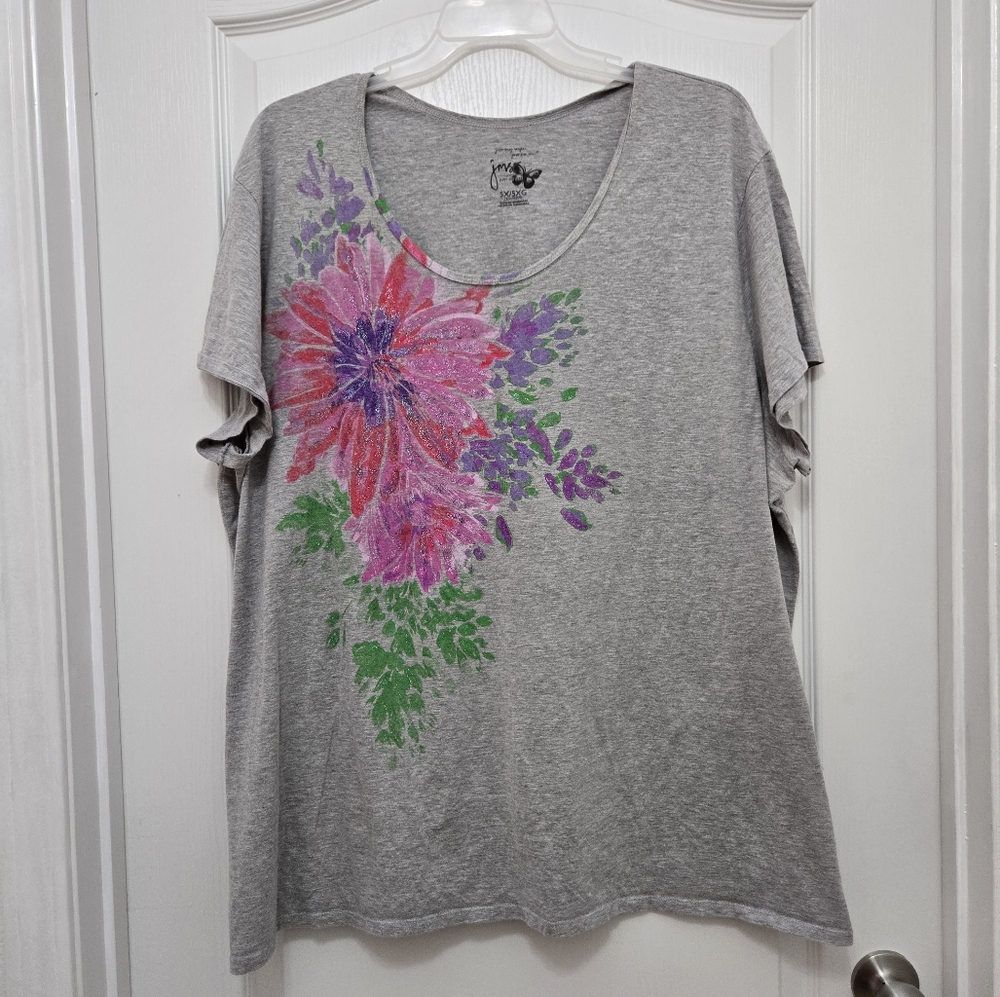 T921003 Vintage Just My Size Gray Tee with Pink and Purple Floral Glitter Design